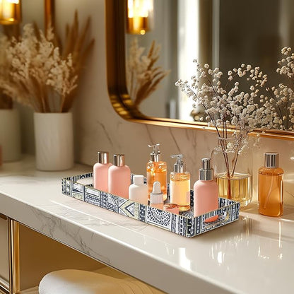 MAONAME Plastic Vanity Tray, Small Bathroom Counter Tray, Narrow Decorative Trays with Handles, Storage Dresser Trays Organizer for Toilet Tank, Jewelry, Makeup, 13.8" x 6" x 1.57"