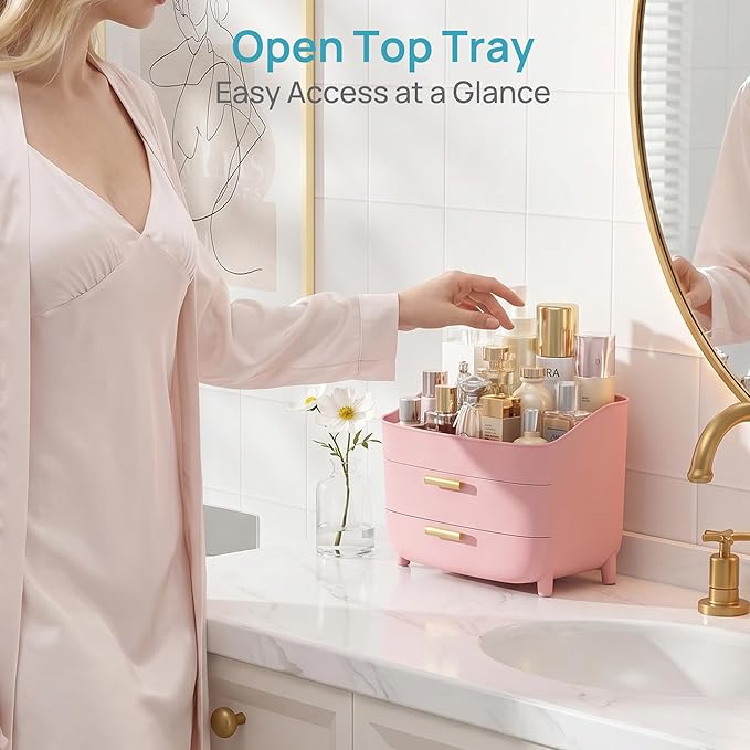 Vtopmart 3-Tier Skincare Makeup Organizer with Drawers for Vanity and Bathroom Countertop, Large Cosmetic Storage Box Case for Dresser, with Non-Slip Base, Pink