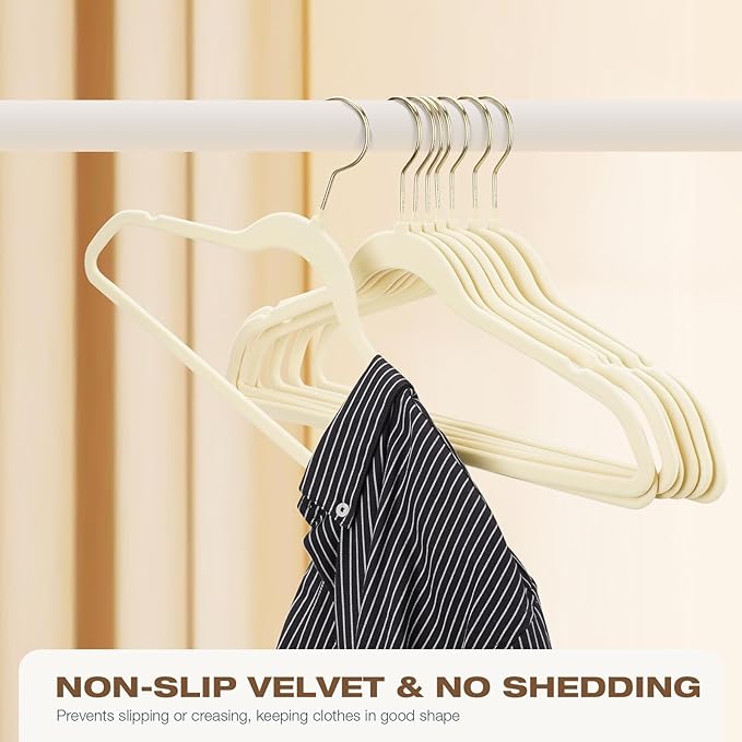 50 Pack Beige Velvet Hangers,Non Slip,Heavy-Duty,Slim,Space Saving,with Felt Surface and Gold 360°Swivel Hook,for Pants,Outfit,Skirts,Suits,Coats,Dresses ect.