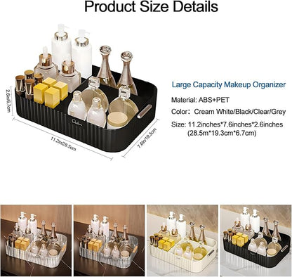 DASITON Large Capacity Makeup Organizer,12 Slots Makeup Brush Holder,Makeup Storage with Handle,Vintage Striped Cosmetic Organizer for Bathroom Countertops,Desk Storage Container(Black)