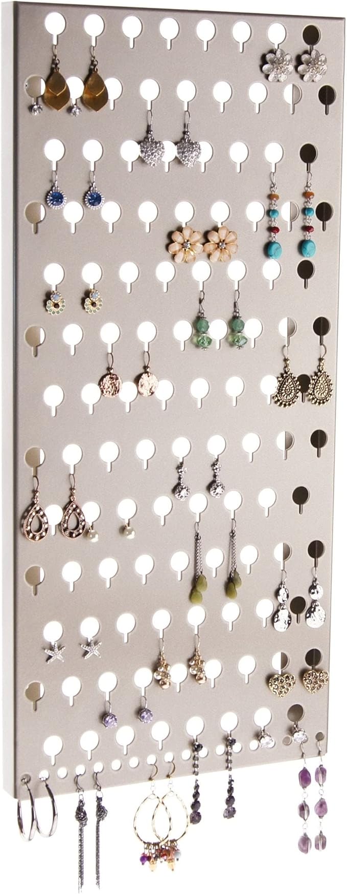 Angelynn's Wall Mounted Earring Holder Organizer Display for Small and Medium Women Post Stud Dangle Pierced Earrings, Hanging Closet Jewelry Storage Rack, Michelle Satin Nickel Silver 9" x19 3/4"