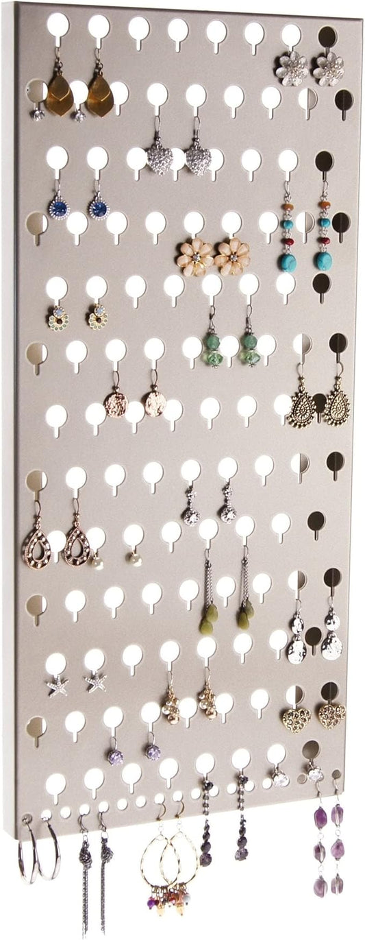 Angelynn's Wall Mounted Earring Holder Organizer Display for Small and Medium Women Post Stud Dangle Pierced Earrings, Hanging Closet Jewelry Storage Rack, Michelle Satin Nickel Silver 9" x19 3/4"
