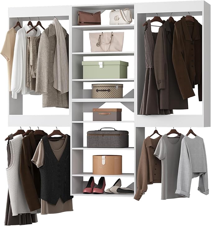 Modular Closet System, 60" Wide Closet Organizer System with Hanging and Towers, Wood Tower Closet Storage for Walk In Closets, Wall Mounted Wardrobe Organizer Kit System, Bedroom, White
