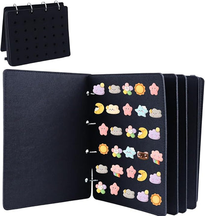 Shoe Charms Organizer, Hanging Shoe Charm Display Holder with 180 Holes 6 Enameled Pin Pages and 2 Front and Back Pages DIY Wall Mounted Portable Shoe Decor Charms Display Stand (Black)