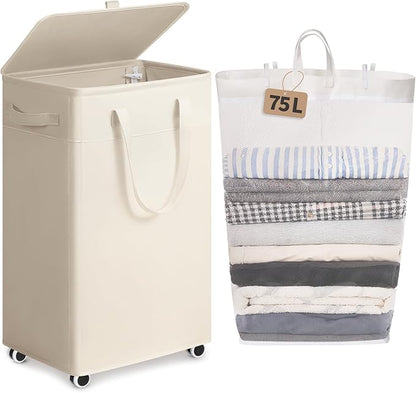 Goodpick White Laundry Basket with Wheels, 75L Rolling Laundry Hamper for Bedroom Bathroom, Foldable Large Clothes Hamper with Lid and Removable Wash Bag, 16.5" x 12.5" x 27.5"