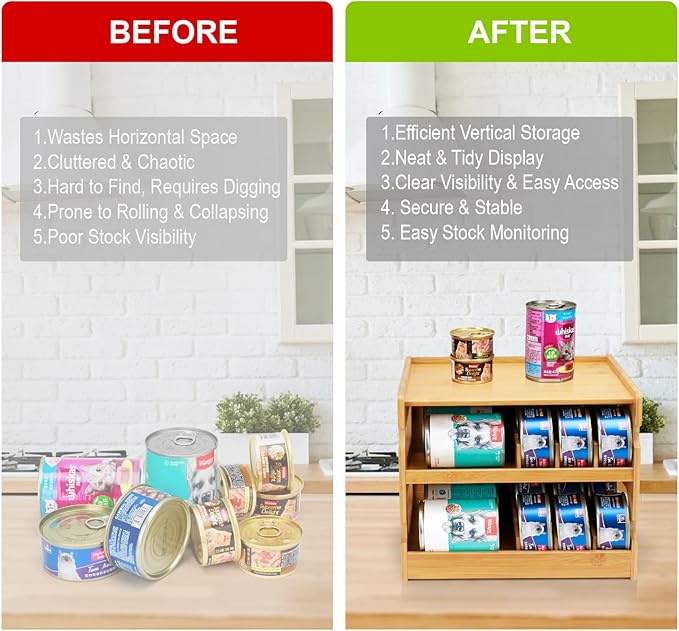 Bamboo Can Organizer for Pantry, 2 Tier Canned Cat Food Organizer for Kitchen Counter, Cat Food Storage Holds up to 36 Cans, Can Rack Organizer for Human and Pet Food Cans, FIFO Design