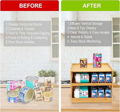 Bamboo Can Organizer for Pantry, 2 Tier Canned Cat Food Organizer for Kitchen Counter, Cat Food Storage Holds up to 36 Cans, Can Rack Organizer for Human and Pet Food Cans, FIFO Design