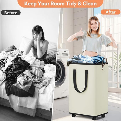 SpaceTrove Laundry Basket with Wheels, Collapsible Laundry Baskets, Laundry Hamper with Handles Detachable Wheels, Rolling Laundry Basket, Dirty Clothes Hamper for Bathroom, Dorm, Bedroom, Cream, 100L