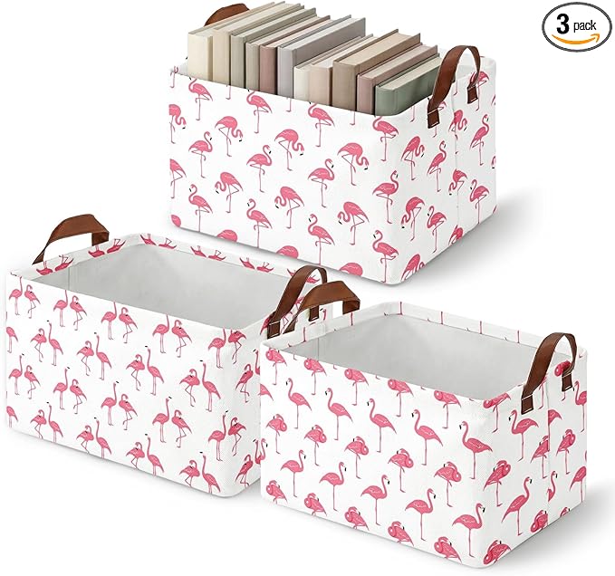 3 Pack Flamingo Storage Baskets for Gifts Summer Flamingo Empty Large Collapsible Toy Storage Bins Box Tropical Canvas Baskets Organizer with Handles Nursery Decor Laundry Basket for Shelves Closet