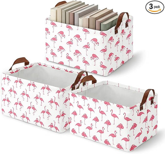 3 Pack Flamingo Storage Baskets for Gifts Summer Flamingo Empty Large Collapsible Toy Storage Bins Box Tropical Canvas Baskets Organizer with Handles Nursery Decor Laundry Basket for Shelves Closet