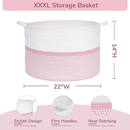 CHICVITA Extra Large Cotton Rope Woven Basket, XXL Throw Blanket Storage Basket with Handles, Pink Decorative Clothes Hamper Laundry Hamper - 22" x 22" x 14"