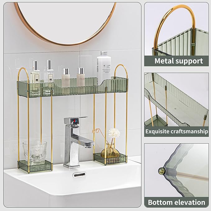 Makeup Organizer for Vanity,2-Tier Bathroom Sink Organizers Shelf Over Faucet Countertop Organizer Rack with Green Plastic Trays,n-Shaped Sink Storage for Bathroom Dresser