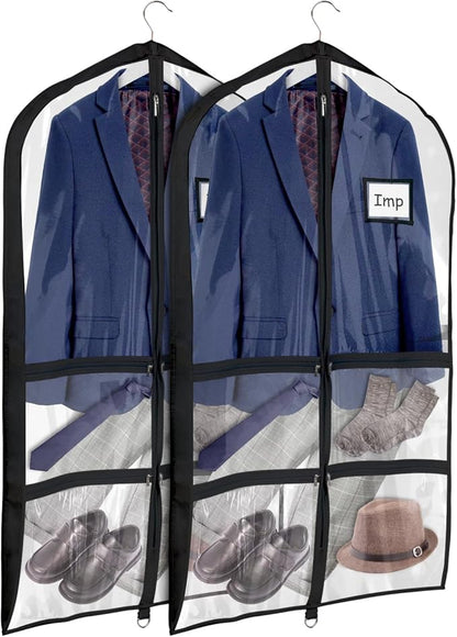 Univivi Clear Garment Bags for Dance Costumes, 40 Inch Dance Costume Garment Bags for Dancers, with 4 Medium Clear Zipper Pockets and 1 Large Back Zippered Pocket (Black, 2 Pack)