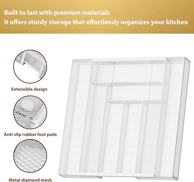 Sedegn Silverware Organizer Metal Mesh, Large Drawer Organizer, Utensil Cutlery Tray for kitchen drawers, Expandable Flatware Organizer with 8 Compartment White 11.6"~20" x 17.3"