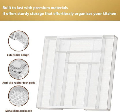 Sedegn Silverware Organizer Metal Mesh, Large Drawer Organizer, Utensil Cutlery Tray for kitchen drawers, Expandable Flatware Organizer with 8 Compartment White 11.6"~20" x 17.3"
