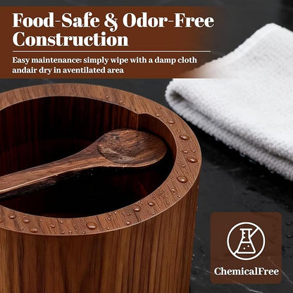 Salt Cellar with Lid, Built-in Spoon Box Bowl, Airtight Spice Container for Kitchen, Grey Natural Marble Top & Solid Walnut Wood Base, Modern Rustic Style (3.5”D x 2.7”H)