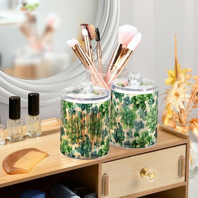ALAZA 4pcs Flowers Boho Green Qtip Holder Dispenser 14 oz Bathroom Storage Clear Apothecary Jars Containers Cotton Ball,Cotton Rounds,Floss Picks, Hair Clips, Food