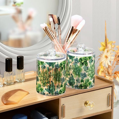 ALAZA 4pcs Flowers Boho Green Qtip Holder Dispenser 14 oz Bathroom Storage Clear Apothecary Jars Containers Cotton Ball,Cotton Rounds,Floss Picks, Hair Clips, Food