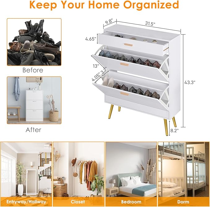 Karl home Narrow Entryway Shoe Cabinet, Freestanding Shoe Rack with 2 Flip Doors 1 Drawers, Adjustable Tipping Wood Hidden Storage Organizer for Hallway Apartment Foyer, White