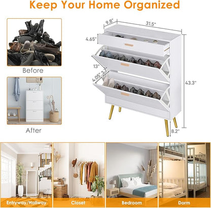 Karl home Narrow Entryway Shoe Cabinet, Freestanding Shoe Rack with 2 Flip Doors 1 Drawers, Adjustable Tipping Wood Hidden Storage Organizer for Hallway Apartment Foyer, White