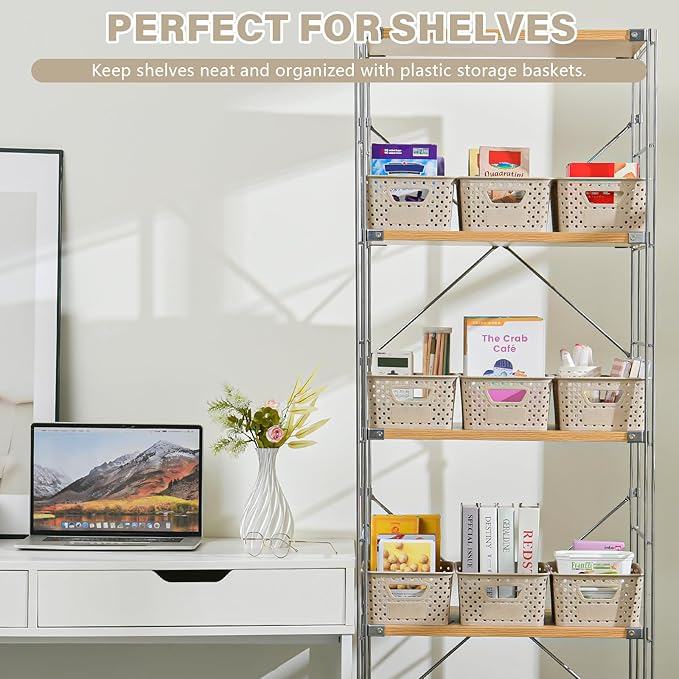 12 Pack Plastic Storage Baskets for Organizing, Storage Baskets for Shelves with Handles, Small Storage Bins with Labels, Organizer Baskets for Cabinet,Closet, Office,Natural