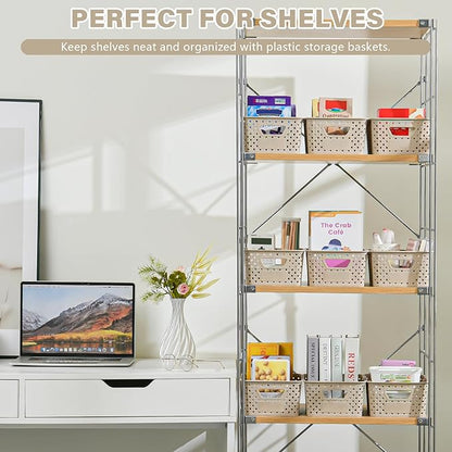 12 Pack Plastic Storage Baskets for Organizing, Storage Baskets for Shelves with Handles, Small Storage Bins with Labels, Organizer Baskets for Cabinet,Closet, Office,Natural