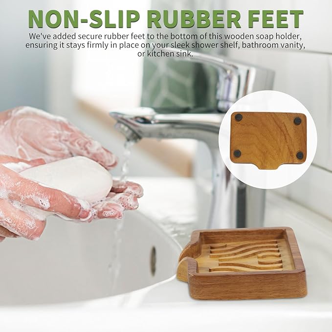 DEBETOOL 2Pack Wood Soap Dish - Natural Wooden Bar Soap Holder with Drain Spout Fast Drying for Shower & Kitchen Sink, Bathroom Sponge Holder with Tray（Waterproof）