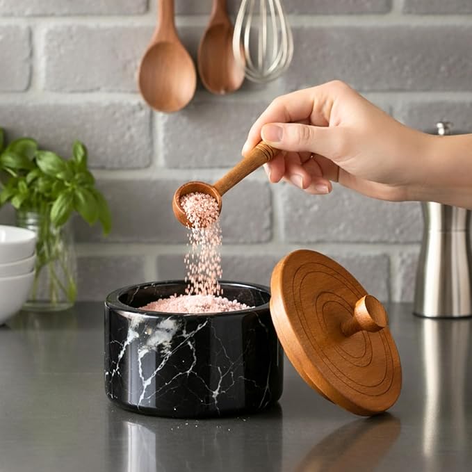 Marble salt cellar with lid and spoon, salt container with spoon, salt bowl with acacia wood lid, salt holder for countertop, salt jar - Black