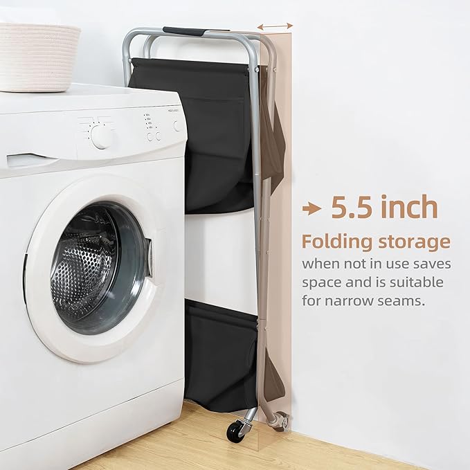 STORAGE MANIAC Collapsible Laundry Cart with Wheels 31.5"H Rolling Laundry Hamper Clothes Basket with Wheels, Canvas Liner Sturdy Steel Frame Folding for Small Narrow Space Easy Storage, Black