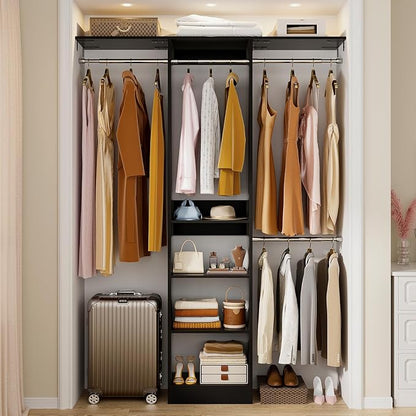 Besiost 48" Closet Organizer System, 4FT Closet System for Small Closets with 4 Hanging Rods & 3 Shelves, 80"H Small Closet Organizers and Storage for Bedrooms, Cloakrooms, Black
