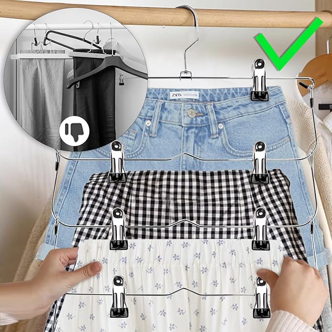 Skirt Pants Hangers with Clips,6Tier Skirt Hangers Space Saving,Metal Multi Pants Hangers and Storage Multi Clothes Shorts Hanger Organization,Space Saving Hangers with Clips (Black, 2-Piece Set)