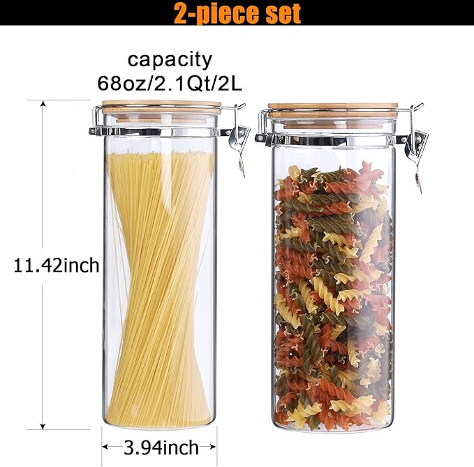 KKC HOME ACCENTS Sealed Glass Spaghetti Storage Containers,Pasta Jars with Airtight Lids,Tall Spaghetti Noodle Holder Containers, Pasta Canisters,Glass Storage Jars with Hinged Lids,68 Floz