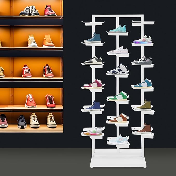 Commercial Clothing Store Shoe Rack, Large Free Standing Shoe Organizer Display Shelf, Retail Boutique Sneaker Basketball Shoes Storage Stand Holds 18 Pairs for Home Store Entryway (White)