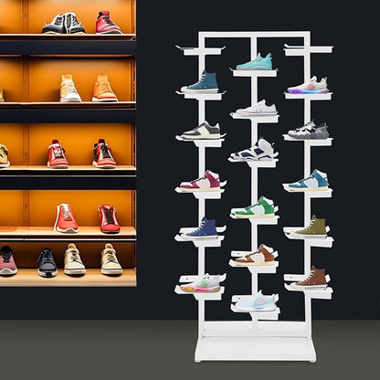 Commercial Clothing Store Shoe Rack, Large Free Standing Shoe Organizer Display Shelf, Retail Boutique Sneaker Basketball Shoes Storage Stand Holds 18 Pairs for Home Store Entryway (White)