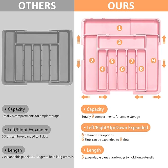 Spaclear Silverware Organizer Expandable Kitchen Utensil Drawer Organizer Large BPA Free Adjustable Cutlery Silverware Tray for Spoons Forks Knives Storage Divider for Kitchen Flatware 6-9 Slots Pink