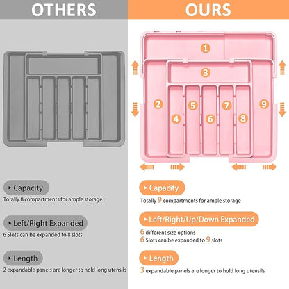 Spaclear Silverware Organizer Expandable Kitchen Utensil Drawer Organizer Large BPA Free Adjustable Cutlery Silverware Tray for Spoons Forks Knives Storage Divider for Kitchen Flatware 6-9 Slots Pink