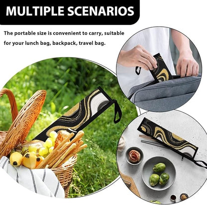 Portable Tableware Carrier Pouch Cutlery Bag Silverware Organizer Accessories for Travel Camp Party,Art Black Marble