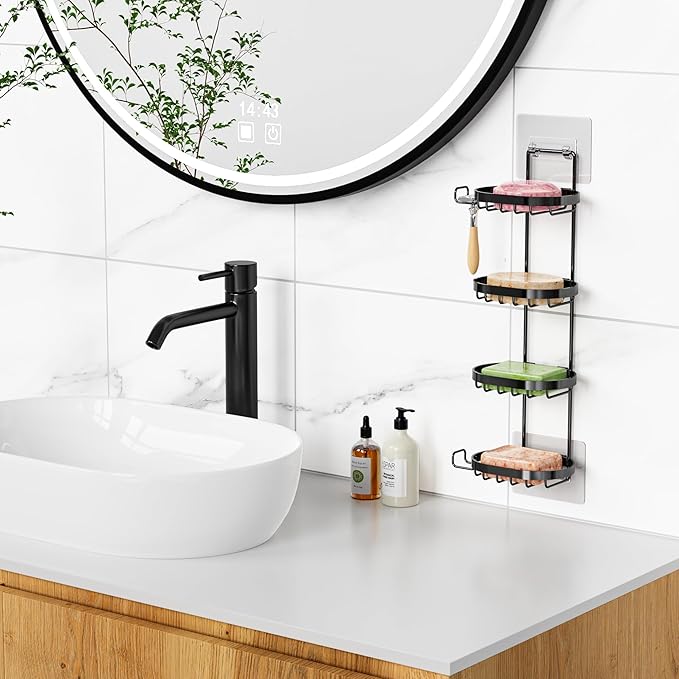 MASADI 4 Tier Soap Dish Holder, Soap Bar Holder with Hooks, Shampoo Bar Caddy for Shower Wall, Razor Holder for Shower, Bar Soap Container 304 Stainless Steel, Bathroom(Black)