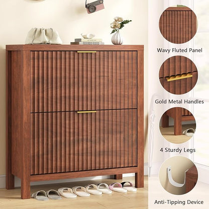 YOMILUVE Shoe Cabinet Storage for Entryway, Fluted Shoe Cabinet with 2 Flip Drawers, Hidden Shoe Rack Tall Freestanding Shoe Organizer with Legs for Hallway, Walnut