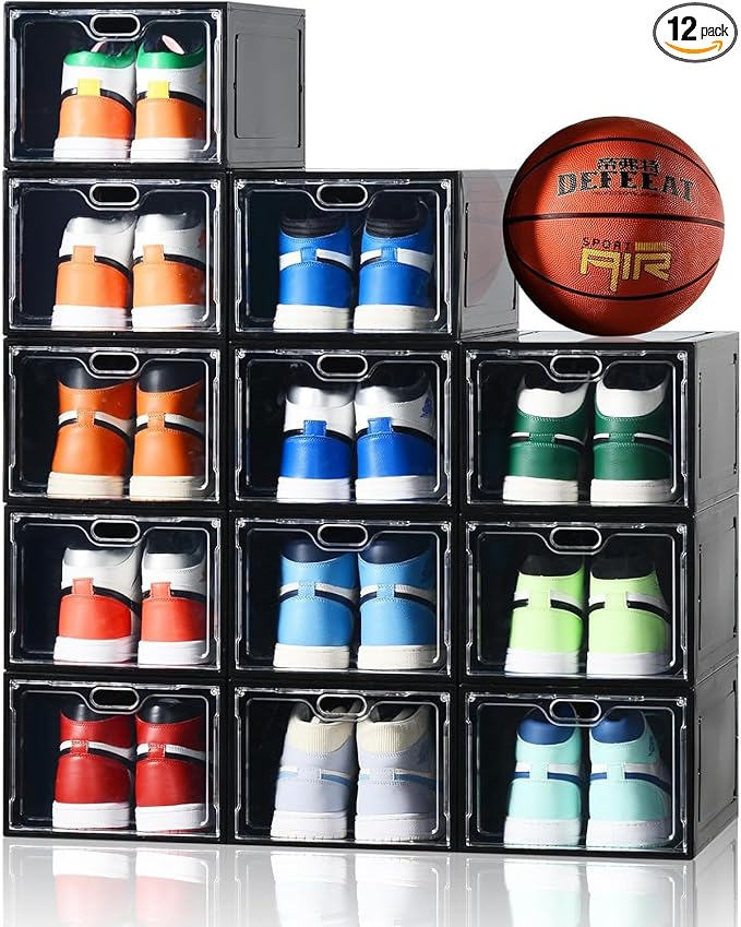 INSTY 12 Pack Large Shoe Storage Box, Clear Shoe Storage Organizer with Magnetic Door, Stackable,Shoe Containers For Display Sneakers, Easy Assembly, Fit up to US Size 12, Black