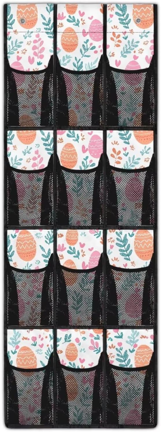 12-Section Over The Door Storage Bag, Oxford Material, Waterproof Scratch-Resistant and for Organizing Bathroom Kitchen Bedroom Essentials, Easter Eggs Flowers