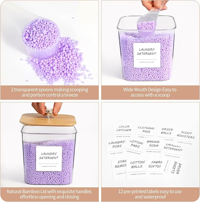 4 Pack Laundry Room Organization Storage Containers, Plastic Clear Laundry Pods Container & Dryer Sheet Holder Jars with Lids, Scoops & Labels for Detergent, Powder, Dryer Balls, Beads