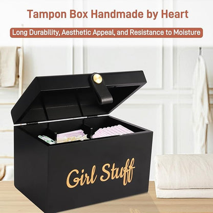 100% Solid Wood Tampon Holder Box with Lid, Copper Leather Pull, Absolute Real Wood Bathroom Decorative Box for Feminine Product Storage and Accessories such as Tampons, Cotton Balls, Gifts for Women