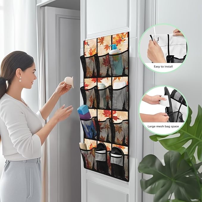 Fall for Maple Leaf Shoe Organizer Over The Door Mesh Fabric Door Hanging Shoe Organizer for Living Room,Easy to Install and Space Saving Wall Hanging Storage, 4 Metal Hook and 12 Pockets