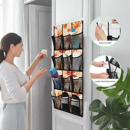 Fall for Maple Leaf Shoe Organizer Over The Door Mesh Fabric Door Hanging Shoe Organizer for Living Room,Easy to Install and Space Saving Wall Hanging Storage, 4 Metal Hook and 12 Pockets