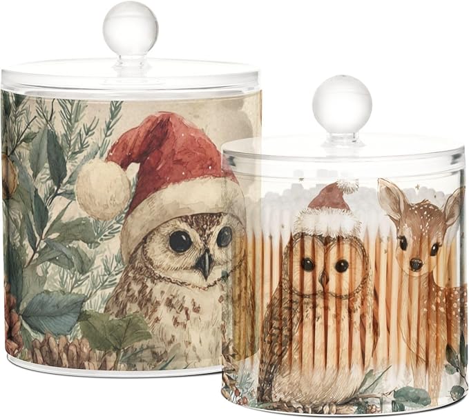 2 Pack Qtip Dispenser Apothecary Jars with Lids Cotton Round Holder Bathroom Canisters for Cotton Swab Floss Ball Pads Clear Plastic Decorative Beige Christmas Owl Deer Pinecorns