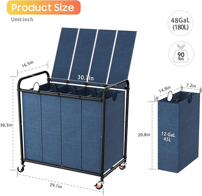 Laundry Sorter 4 Sections 48 Gal, Rolling Laundry Basket with Lockable Wheels and Lid, Laundry Hamper with 4 Separated Removable Bags Dirty Clothes Hamper for Laundry Room Organizer, Blue