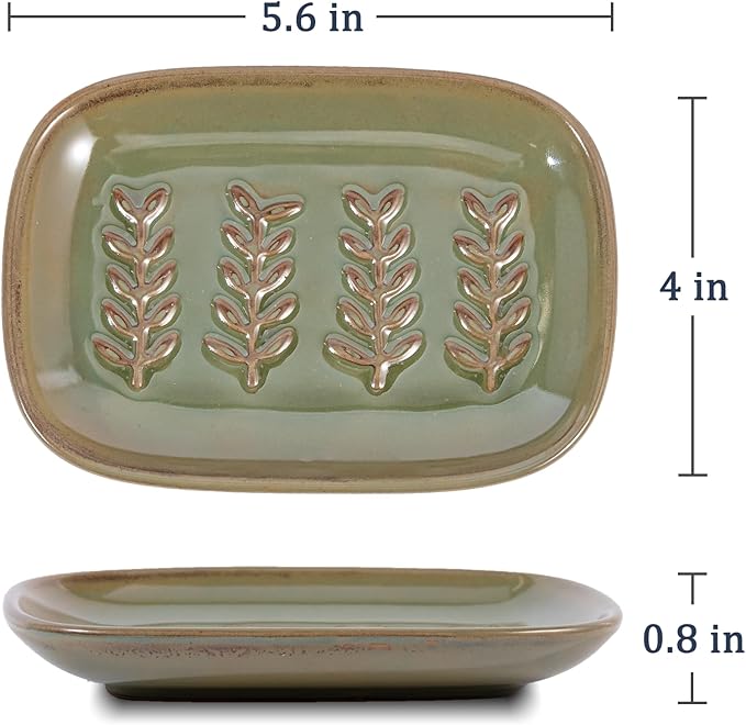 HighHerz Aesthetic Ceramic Soap Dish for Shower, Soap Holder with Raised Relief, Shower Soap Dish for Shampoo Bar Or Sponge, Soap Saver for Bathroom, Kitchen, Sink, Decorative Soap Tray (Green)