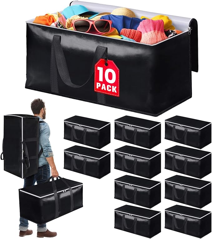 StoreHappily Heavy-Duty & Extra Capacity Moving Bags with Backpack Straps, Storage Totes with Double Zipper & Strong Handles, Packing Bags Alternative to Moving Boxes, Moving Supplies (10 Pack, Black)