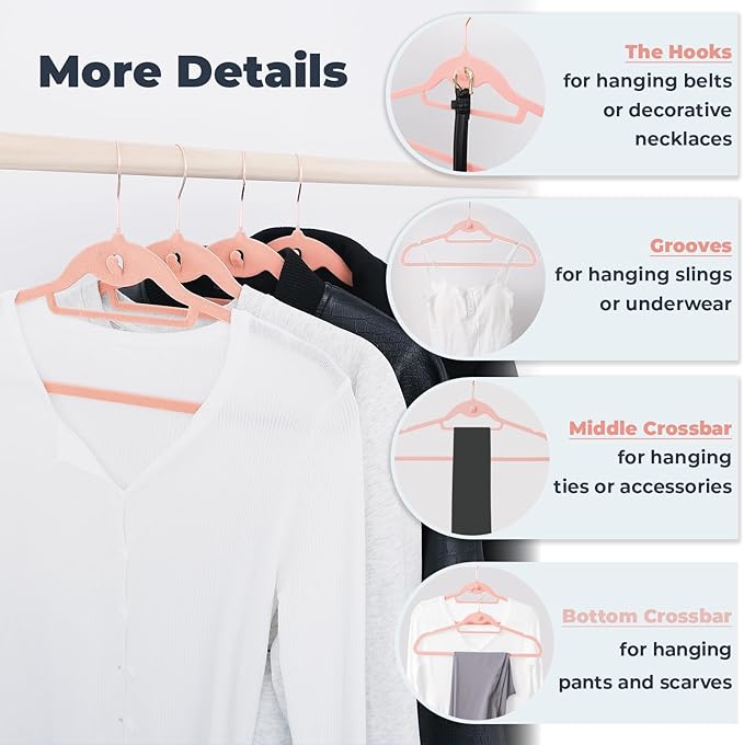 Pink Velvet Hangers 50 Pack, Felt Covered Non Slip Fabric with Stackable Cascading Hook, Ultra Thin and Space Saving with 360° Swivel Neck, 15Lbs Capacity for Clothes, Suit, Shirt, Coat